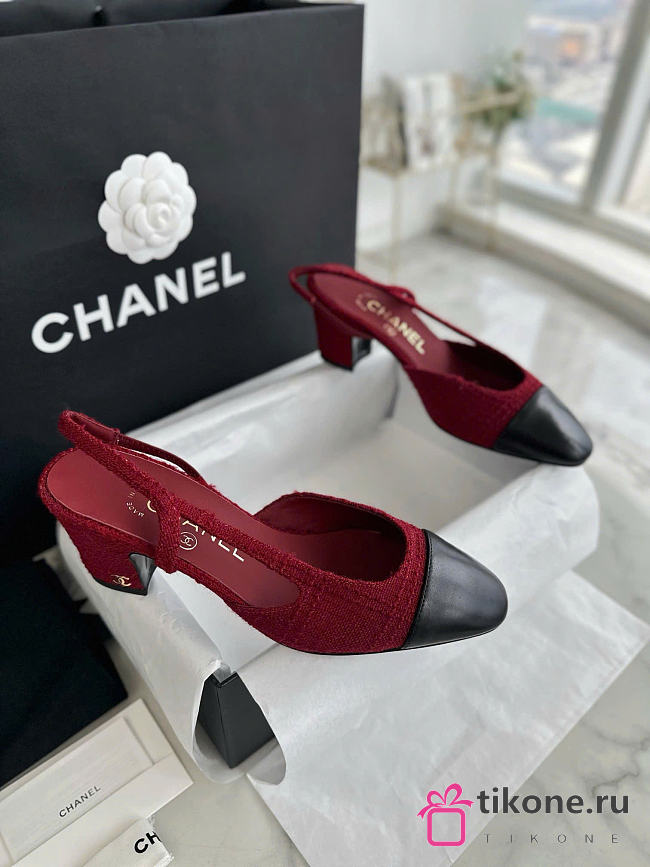 Chanel Slingback Iridescent Tweed Lamskin Black Red 6.5cm - 1