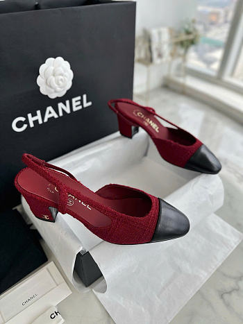 Chanel Slingback Iridescent Tweed Lamskin Black Red 6.5cm