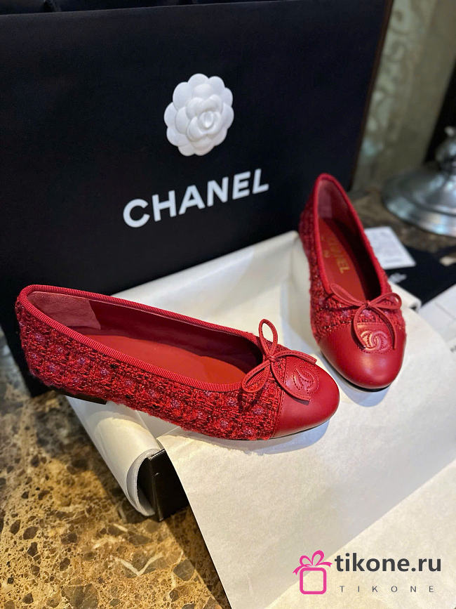 Chanel Ballet Flats Tweed Lamskin Red - 1