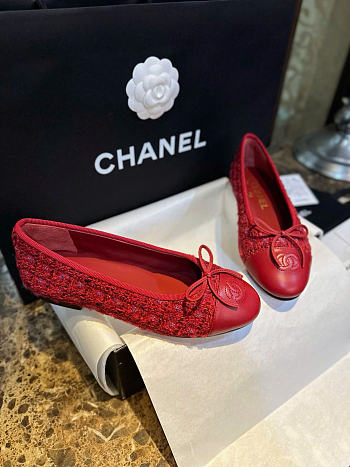 Chanel Ballet Flats Tweed Lamskin Red