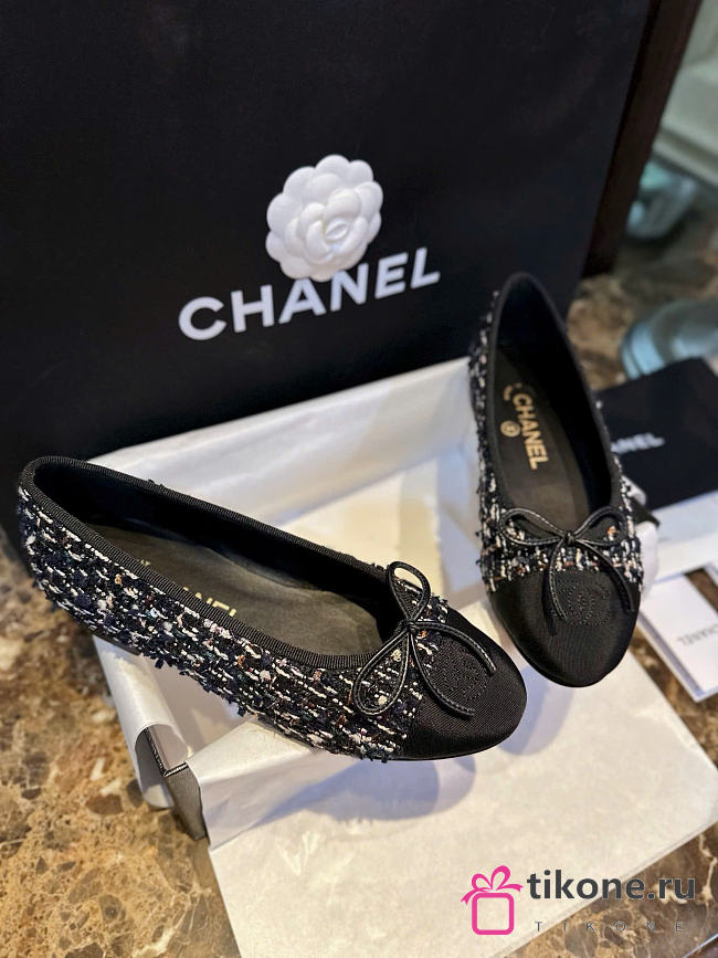 Chanel Ballet Flats Glittered Tweed Grosgrain Black  - 1