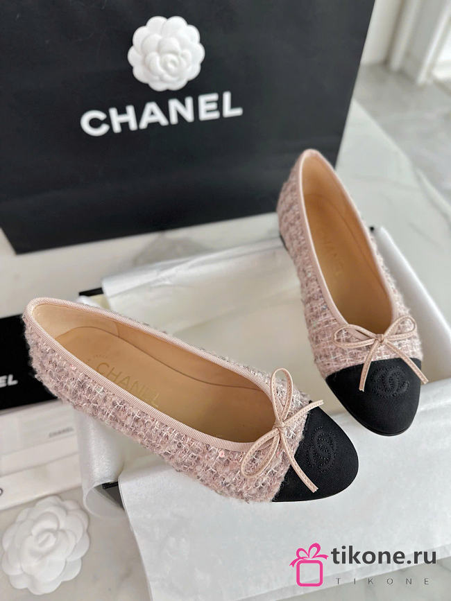 Chanel Ballet Flats Glittered Tweed Grosgrain Beige Black - 1