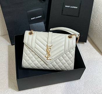 YSL Envelope Medium In Quilted Grain De Poudre Embossed Leather White - 24x17.5x6cm