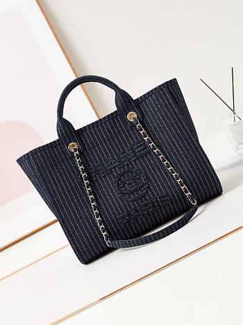 Chanel Shopping Bag Denim Gold Tone Metal Dark Blue - 35×29×18cm