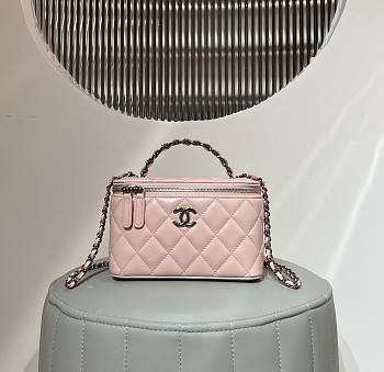 Chanel Clutch With Strap Lamskin Leather Silver Metal Light Pink - 9.5×17×8cm