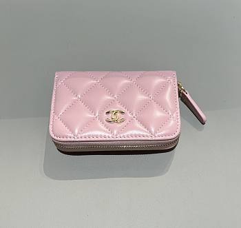 Chanel Classic Zipped Coin Purse Lamskin Gold Light Pink - 7.5x11x2cm