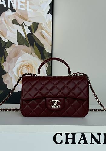 Chanel Mini Flap Top Handle Burgundy Lamskin Leather Light Gold Hardware - 12x20x6.5cm