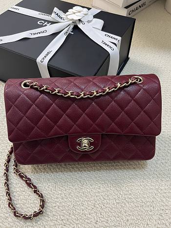 Chanel Classic Burgundy Caviar Gold Hardware Bag - 15.5×25.5×6.5cm