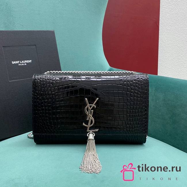 YSL Kate Medium Tassel In Crocodile Embossed Leather Black Silver - 24x5x14.5cm - 1