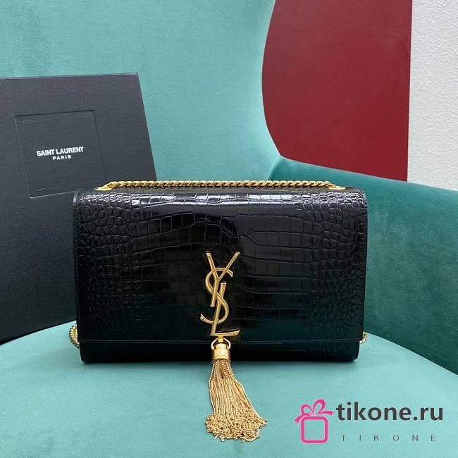 YSL Kate Medium Tassel In Crocodile Embossed Leather Black Gold - 24x5x14.5cm - 1