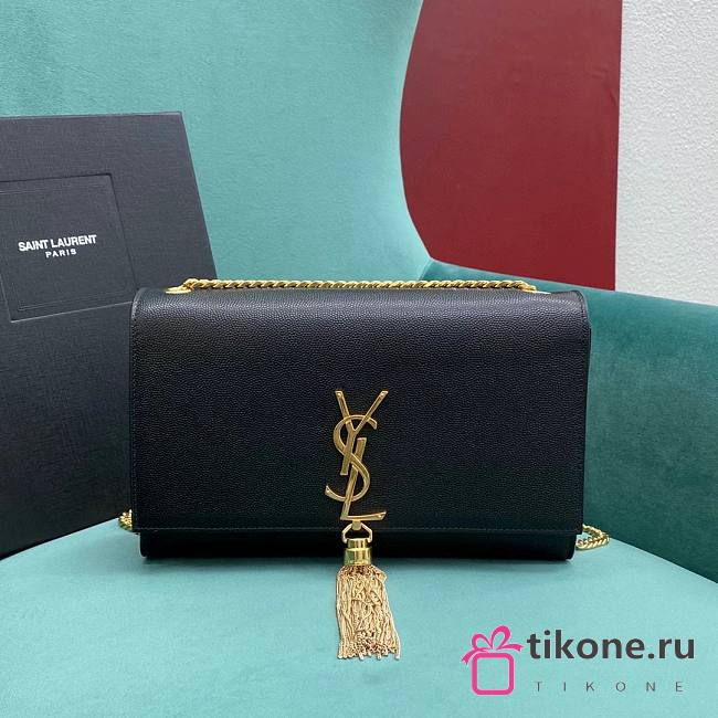 YSL Kate Medium Tassel In Grain De Poudre Embossed Leather Black Gold - 24x5x14.5cm - 1