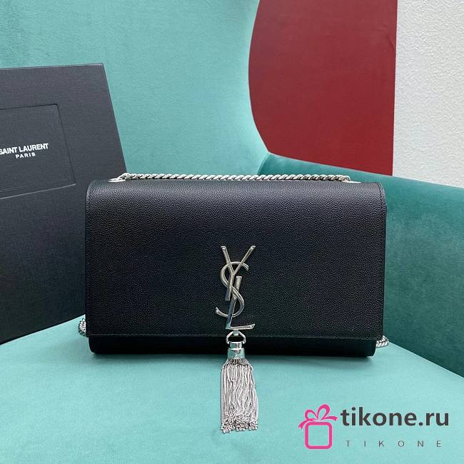 YSL Kate Medium Tassel In Grain De Poudre Embossed Leather Black Silver - 24x5x14.5cm - 1