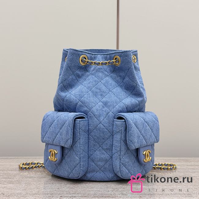 Chanel Backpack Denim Gold Tone Metal Blue - 24.5x18x8cm - 1