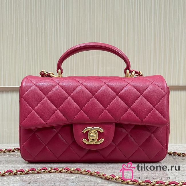 Chanel Mini Flap Top Handle Rose Red Lamskin Leather Gold Hardware - 12x20x6.5cm - 1