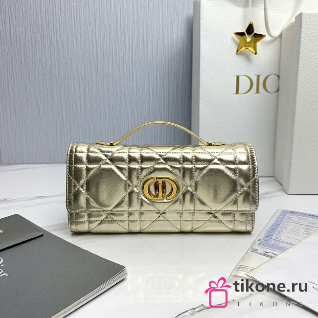 Dior Miss Caro Top Handle Pouch Metallic Gold Tone Macrocannage Calfskin - 24x12x4cm - 1