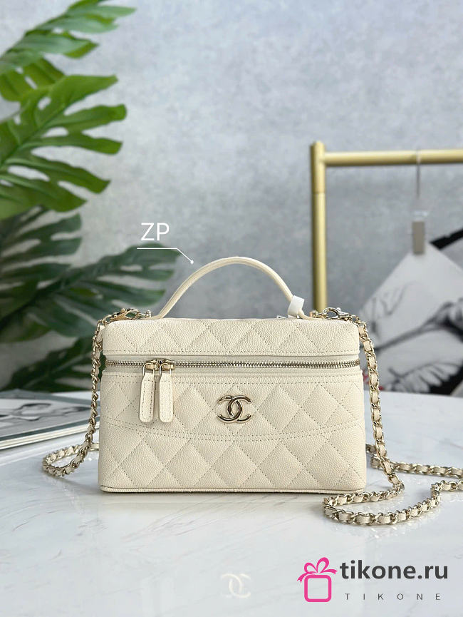 Chanel Clutch With Strap Caviar Leather Light Gold Metal Off White - 19.5x17x5cm - 1