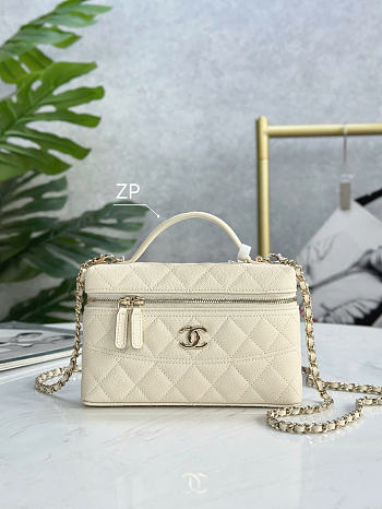 Chanel Long Vanity With Chain Grained Calfskin Gold Tone Metal Off White - 19.5x17x5cm