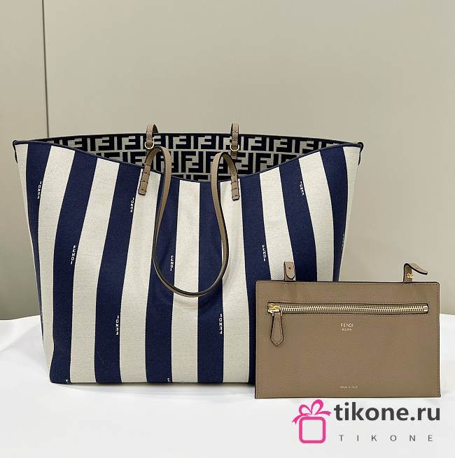 Fendi Large Roll Reversible Shopper In Pequin Striped And Blue FF Fabric - 35x32x19.5cm - 1