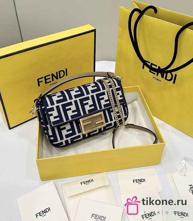 Fendi Baguette Mini Blue FF Jacquard Fabric Bag - 20x13x5cm - 1