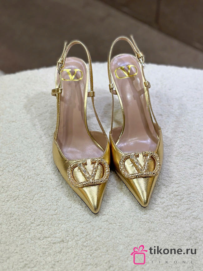 VLTN Vlogo Signature Slingback Pump In Gold Laminated Nappa Leather 80mm  - 1