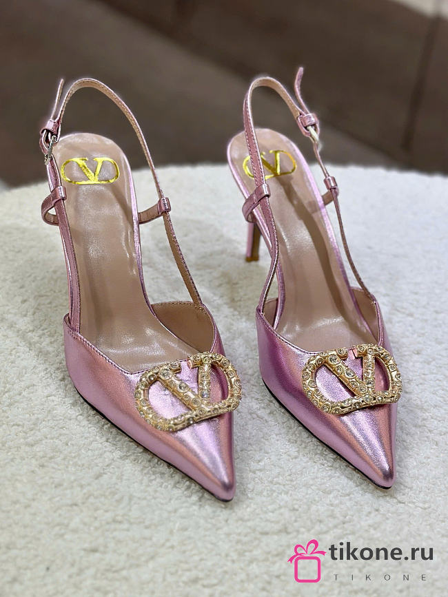 VLTN Vlogo Signature Slingback Pump In Pink Laminated Nappa Leather 80mm - 1