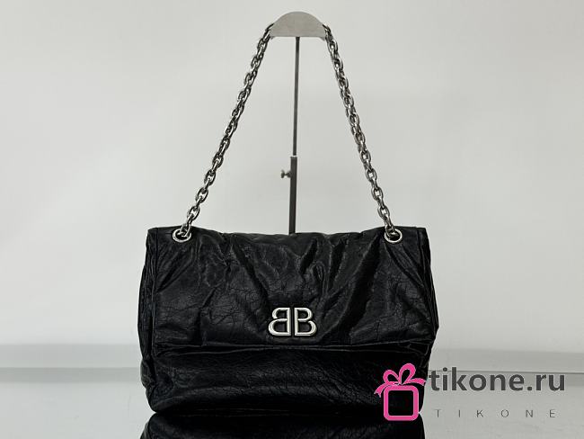 Balenciaga Monaco Medium Chain Bag Black Arena Calfskin Silver Hardware - 32.5x22x9.9cm - 1