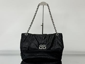 Balenciaga Monaco Medium Chain Bag Black Arena Calfskin Silver Hardware - 32.5x22x9.9cm