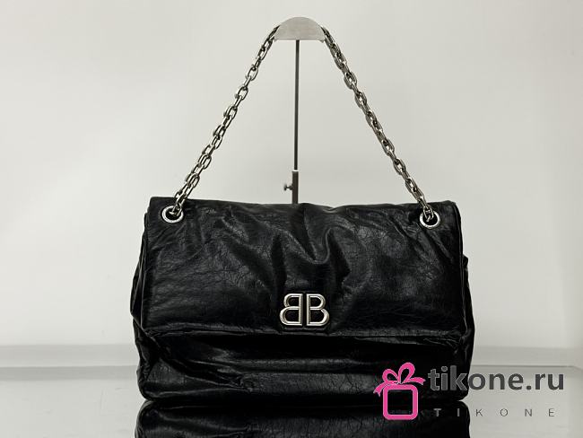 Balenciaga Monaco Large Chain Bag Black Arena Calfskin Silver Hardware - 43.5x32x13cm - 1