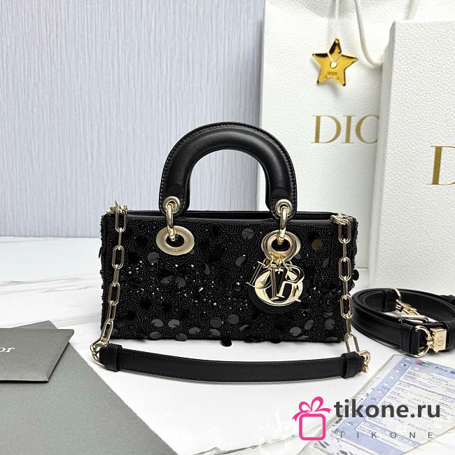 Dior Small Lady D-Joy Bag Black Calfskin Embroidered With Beads And Sequins - 22x12x6cm - 1