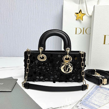 Dior Small Lady D-Joy Bag Black Calfskin Embroidered With Beads And Sequins - 22x12x6cm