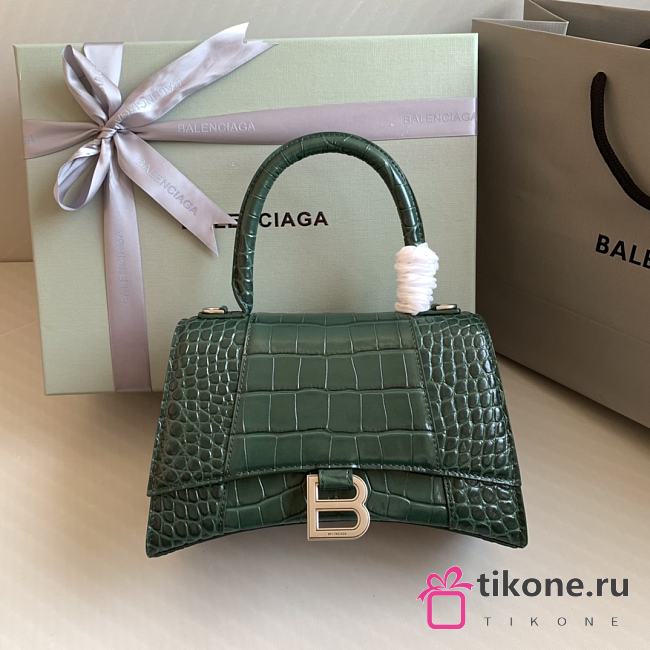 Balenciaga Hourglass Small Dark Green Crocodile Embossed Silver Hardware - 23x10x14cm - 1