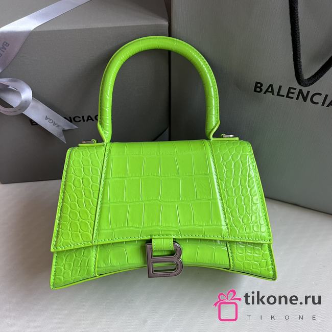 Balenciaga Hourglass Small Green Neon Crocodile Embossed Silver Hardware - 23x10x14cm - 1