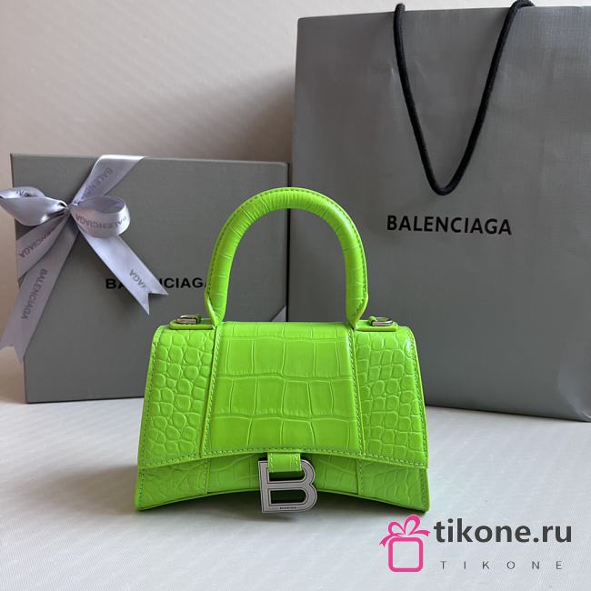 Balenciaga Hourglass XS Neon Green Crocodile Embossed Silver Hardware - 19x8x13cm - 1