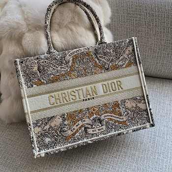 Medium Dior Book Tote Latte Embroidery with Gold Tone Dior Around the World Motif - 36x27.5x16.5cm