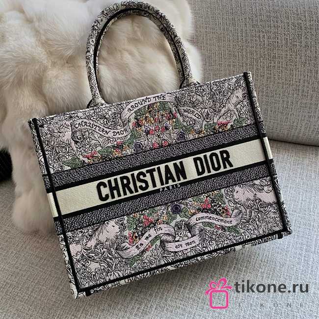 Medium Dior Book Tote Latte Embroidery with Multicolor Dior Around the World Motif - 36x27.5x16.5cm - 1