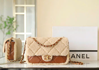 Chanel Flap Bag Shearling Lambskin & Gold-Tone Metal Beige & Brown - 16×23.5×7.5cm