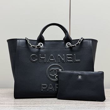 Chanel Shopping Bag Calfskin Silver Tone Metal Black - 39x29x19cm