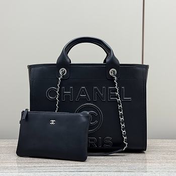 Chanel Shopping Bag Calfskin Silver Tone Metal Black - 34x26.5x13cm