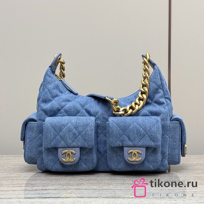 Chanel Large Hobo Bag Washed Denim Gold Tone Metal Blue - 31x22x15cm - 1