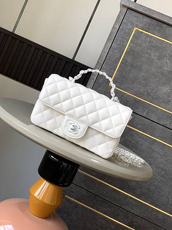 Chanel Mini Flap Bag With Top Handle Lambskin Lacquered Metal White - 20x12x6cm