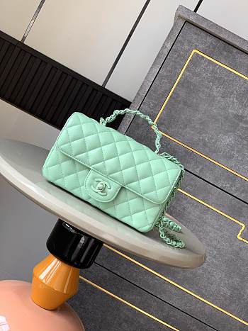 Chanel Mini Flap Bag With Top Handle Lambskin Lacquered Metal Green - 20x12x6cm