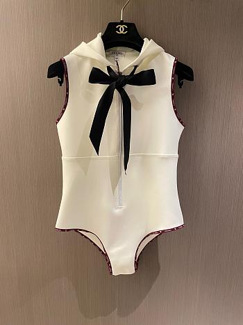 Chanel Swimsuit Stretch Jersey Silk White Black & Burgundy