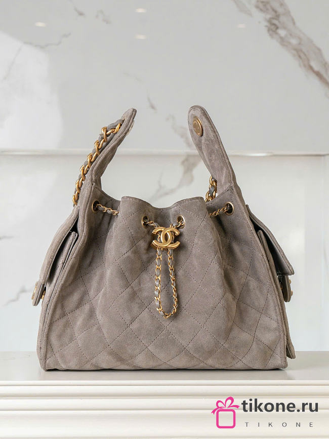 Chanel Drawstring Bucket Hobo Small Suede Gray - 30×26×14cm - 1