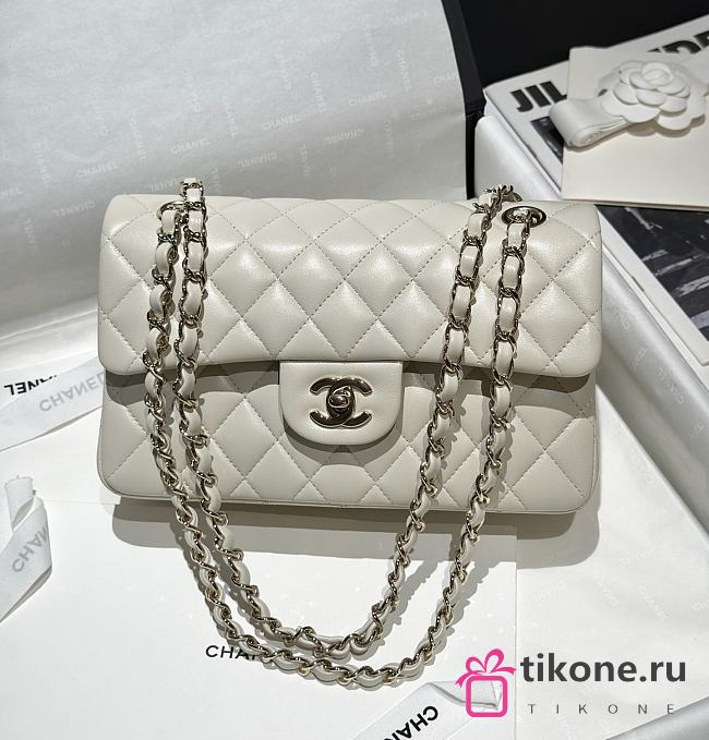 Chanel Classic Off White Lamskin Light Gold Hardware Bag - 14.5x23x6cm - 1