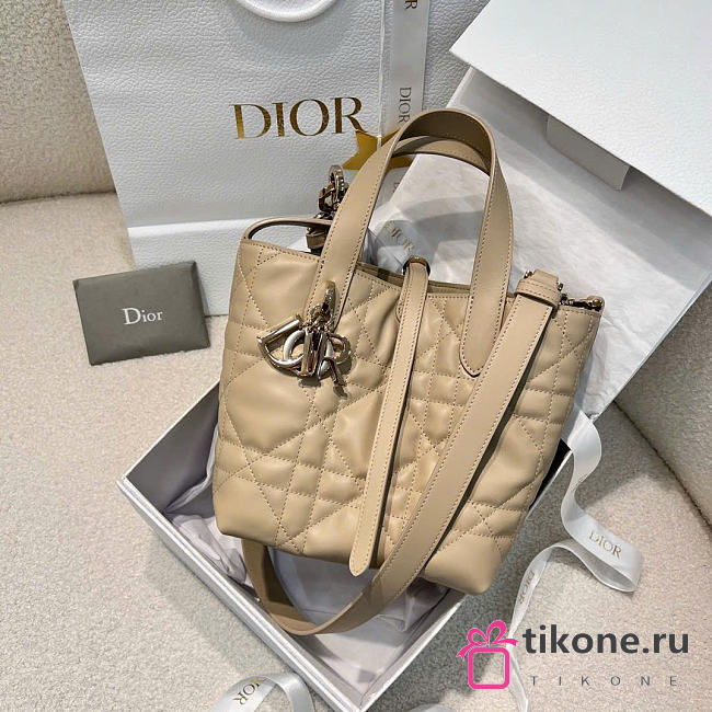 Small Dior Toujours Vertical Tote Bag Beige Macrocannage Calfskin - 18x16x12cm - 1