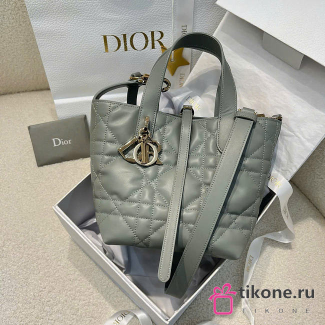 Small Dior Toujours Vertical Tote Bag Stone Gray Macrocannage Calfskin - 18x16x12cm - 1