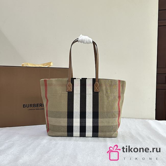 Burberry Check Canvas Leather Tote In Beige - 35.5x14.5x30cm - 1