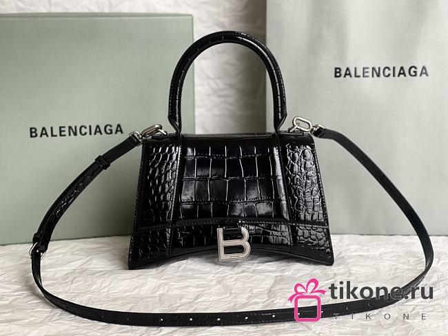 Balenciaga Hourglass Small Black Crocodile Embossed Silver Hardware - 23x10x14cm - 1