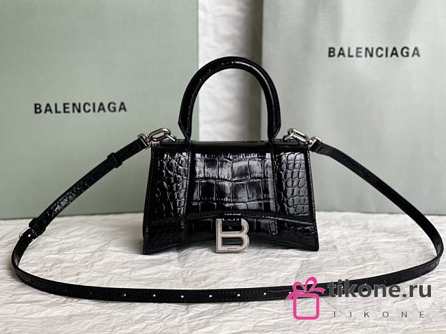 Balenciaga Hourglass XS Black Crocodile Embossed Silver Hardware - 19x8x13cm - 1