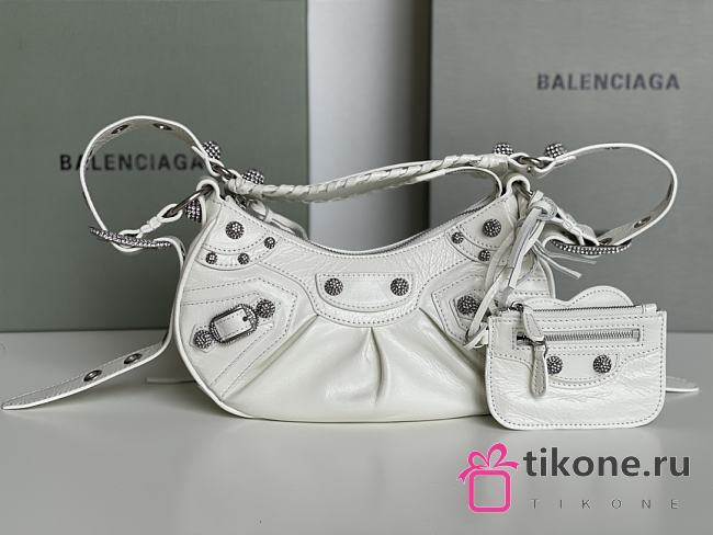 Balenciaga Le Cagole XS Shoulder Bag White Arena Lambskin Aged Silver Hardware With Rhinestones - 26×16×10cm - 1